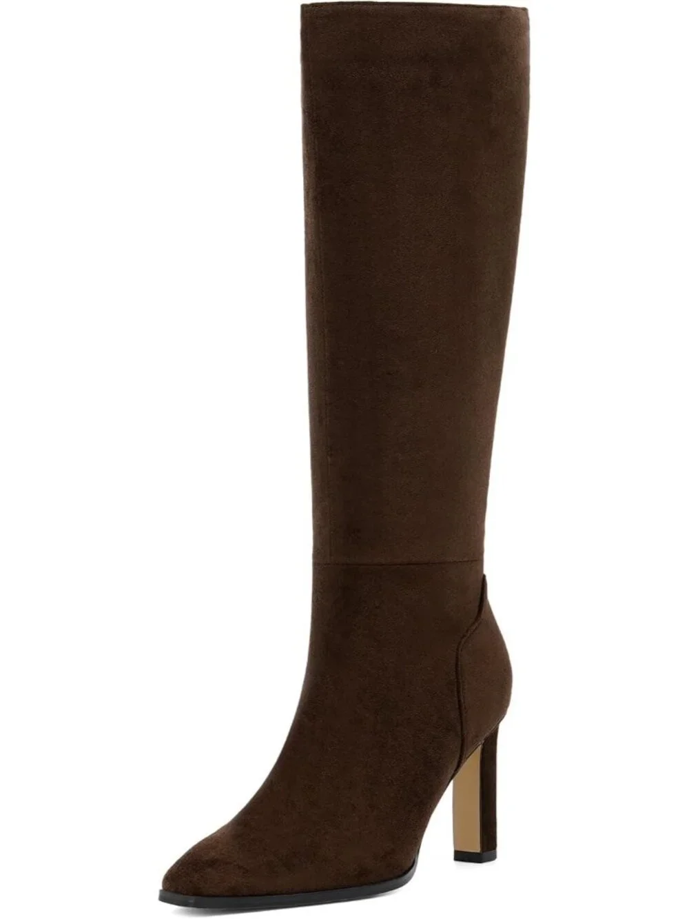 Women's Chocolate Faux Suede Pointed Square Toe Chunky Heel Knee High Boots